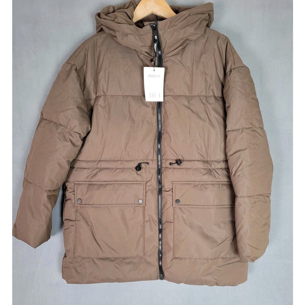 PUFFIT Womens Hooded Puffer Jacket Pockets Winter Coat Water Resistant Medium